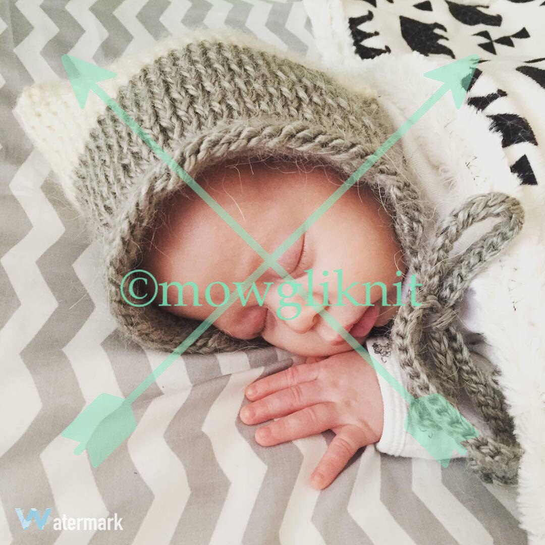 Knitted Pixie Bonnet, Wool Pixie Baby Bonnet, two toned, grey and white