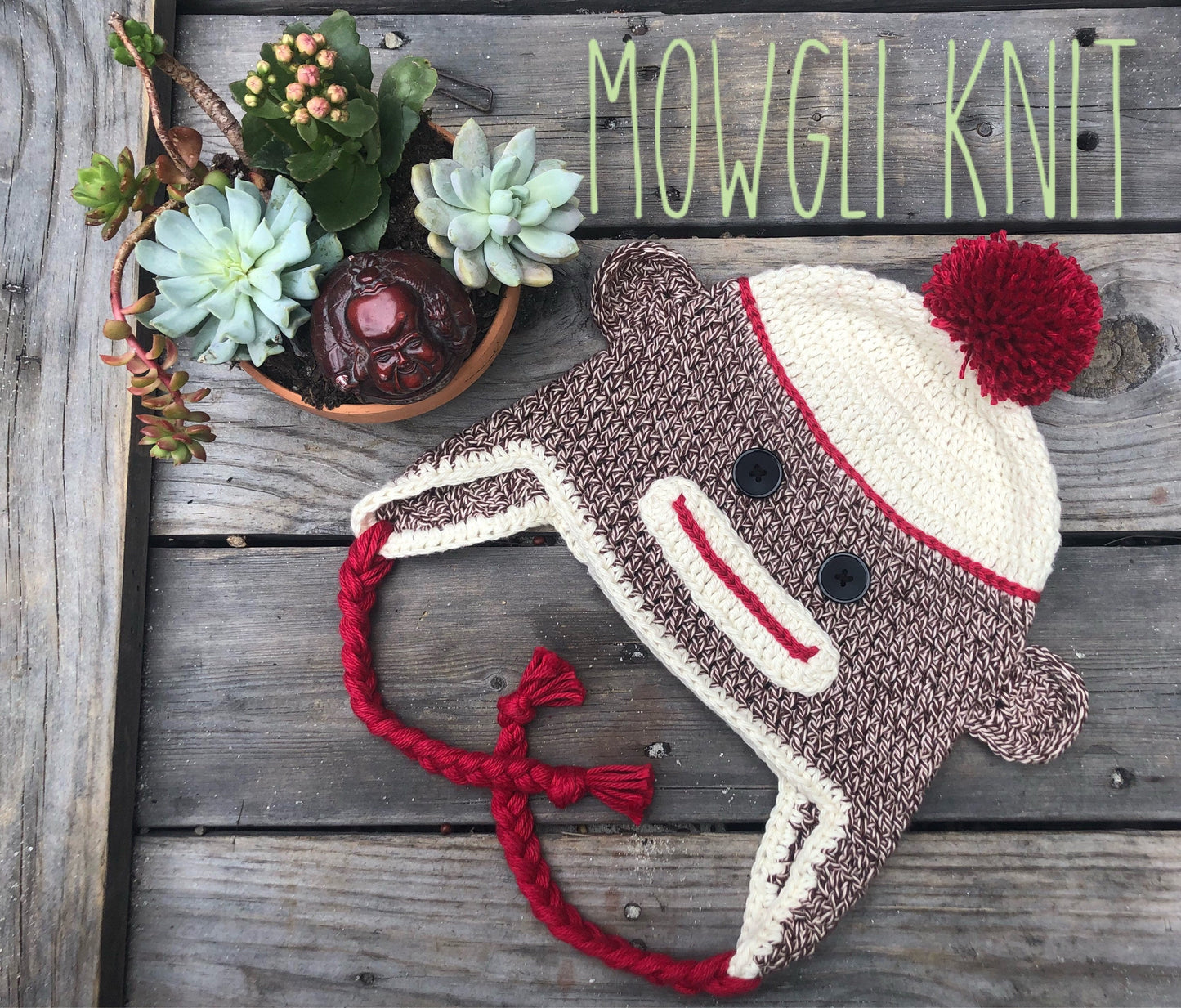 Sock Monkey Hat, Newborn to Adult, Machine Washable Cotton